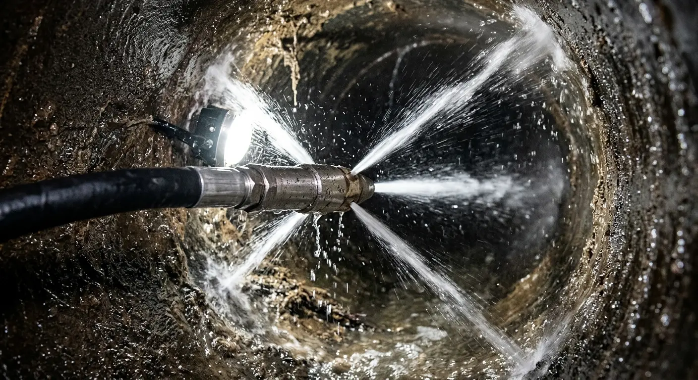 High-pressure hydro jetting nozzle cleaning sewer pipe for Trenchless Sewer Repair in Waveland