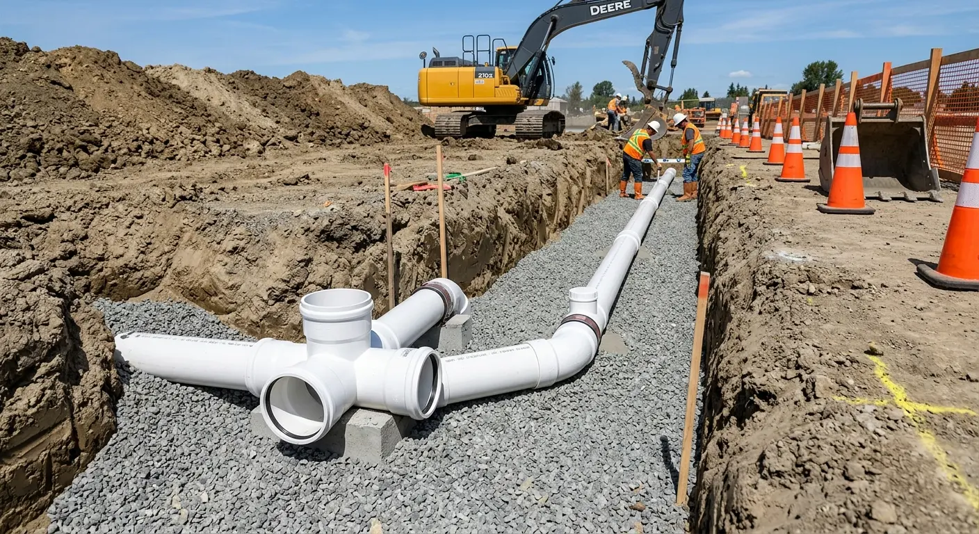 New PVC sewer pipe installation in open trench for Sewer Backup in Waveland