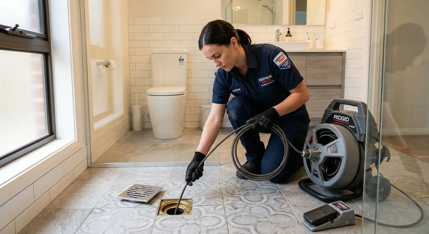 Technician clearing a bathroom floor drain for Drain Cleaning in Waveland